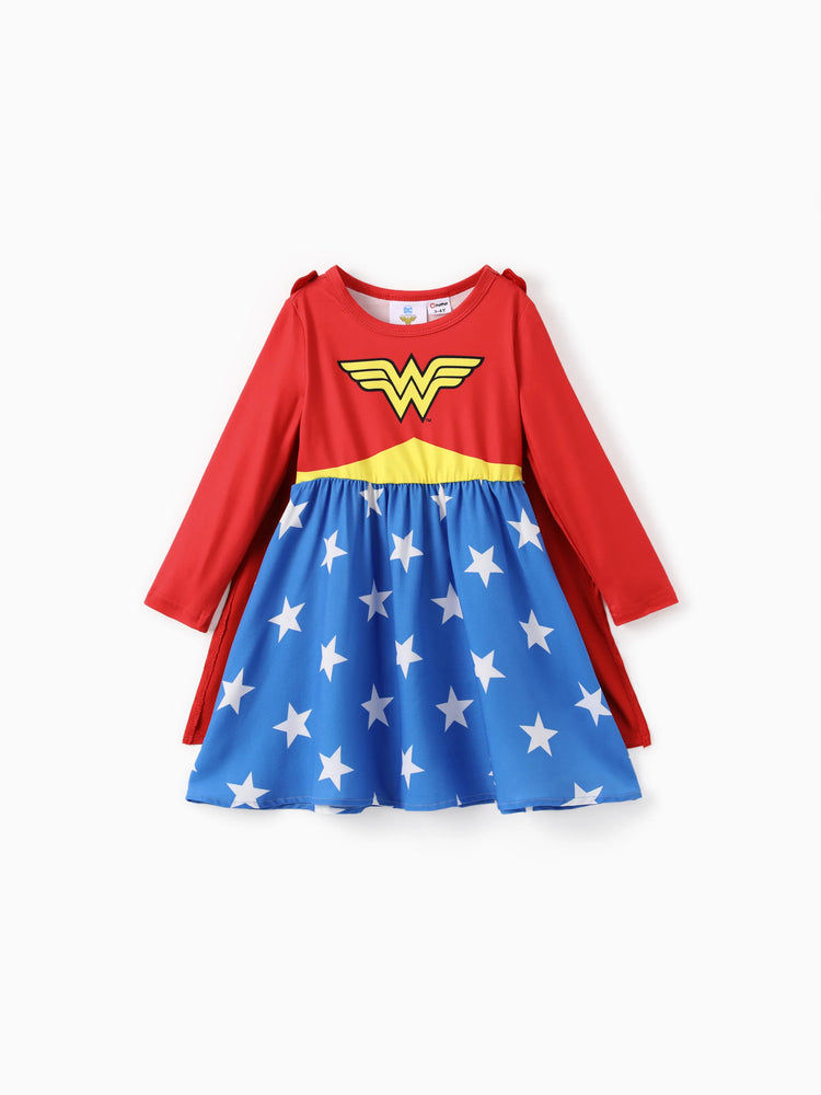 Costume de cosplay assorti de la Ligue des Justiciers, sweat-shirt à manches longues, robe et combinaison avec cape multicolore, logo Superman/Wonder Woman imprimé