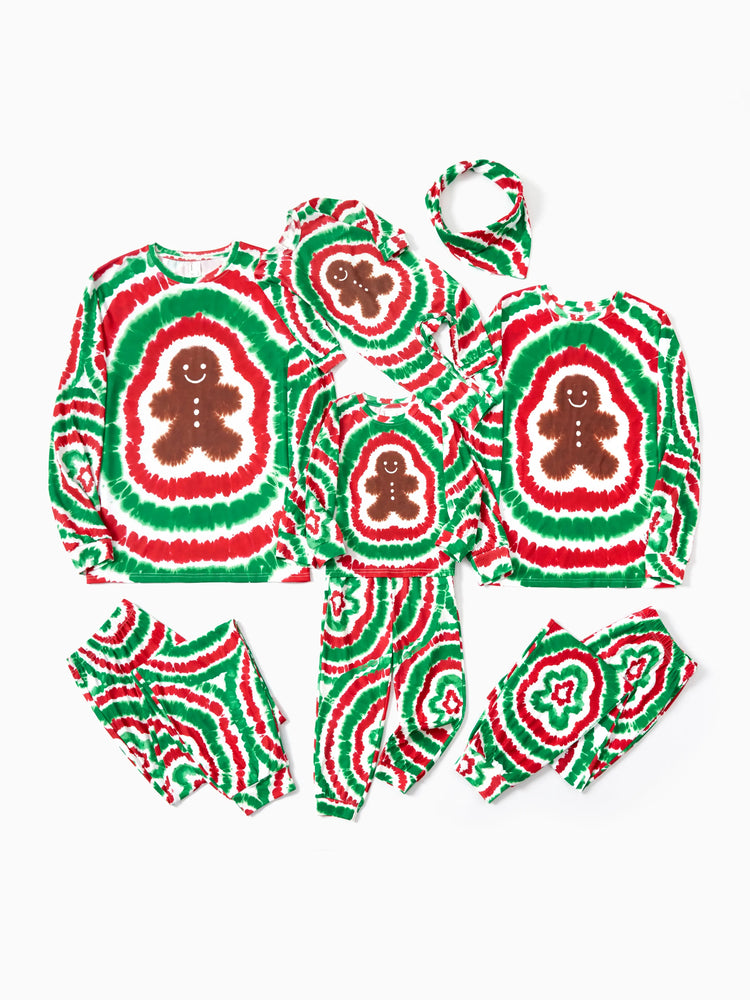 Ensemble pyjama de Noël familial rouge et vert motif bonhomme en pain d'épices tie-dye avec chaussettes de Noël multicolores