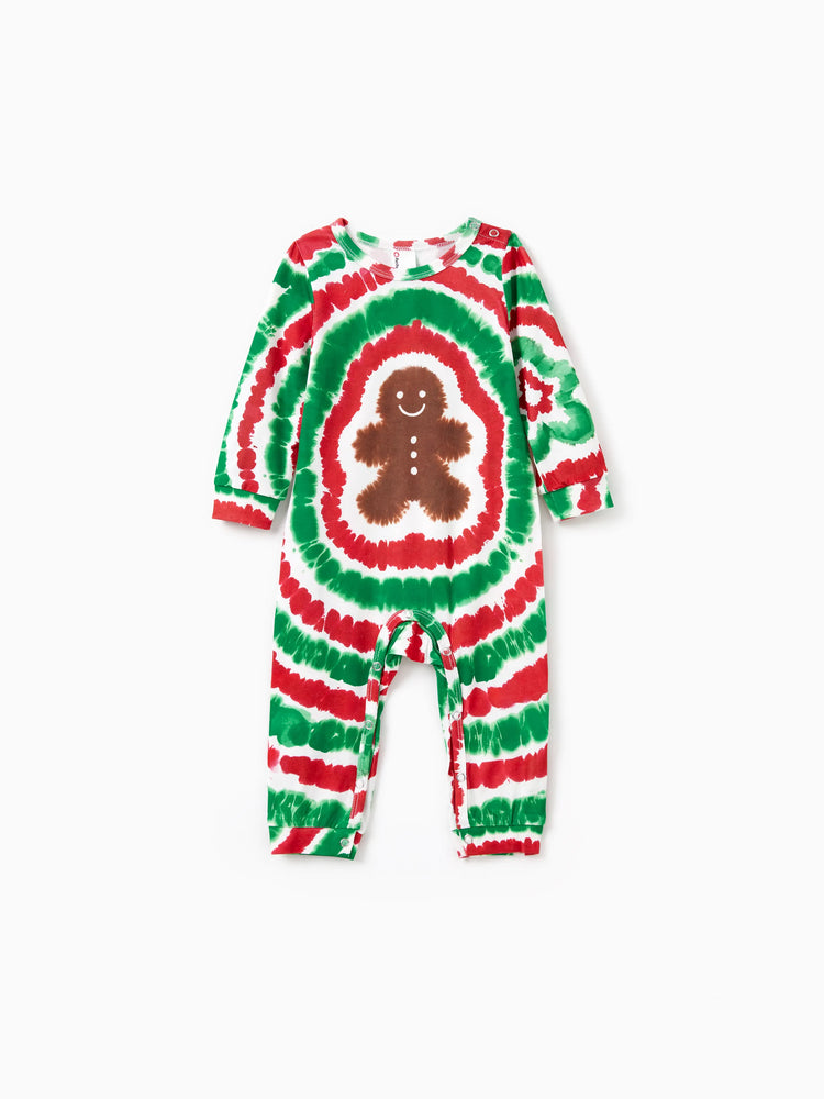 Ensemble pyjama de Noël familial rouge et vert motif bonhomme en pain d'épices tie-dye avec chaussettes de Noël multicolores