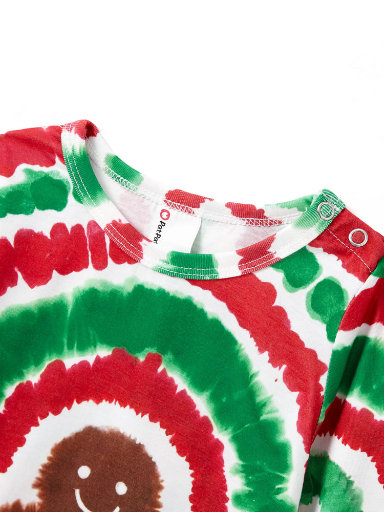 Ensemble pyjama de Noël familial rouge et vert motif bonhomme en pain d'épices tie-dye avec chaussettes de Noël multicolores