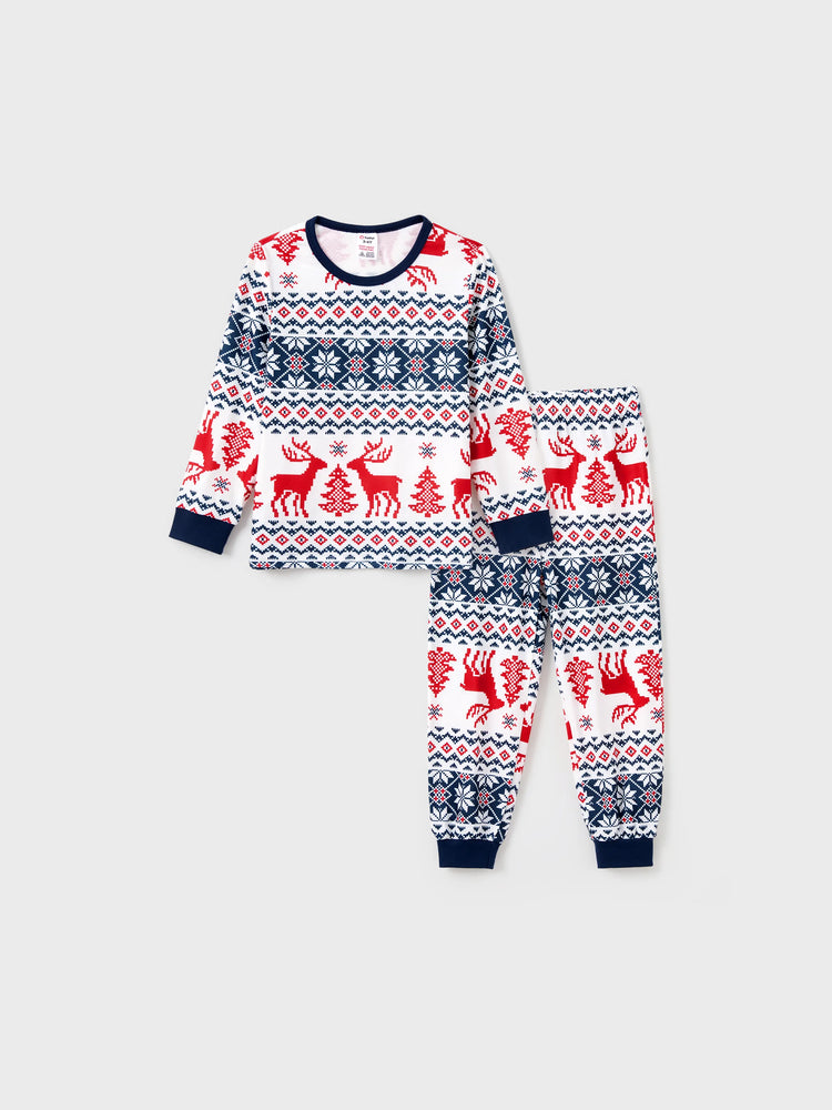 Christmas Family Matching Allover Print Long-sleeve Pajamas Sets (Flame Resistant) BLUEWHITE