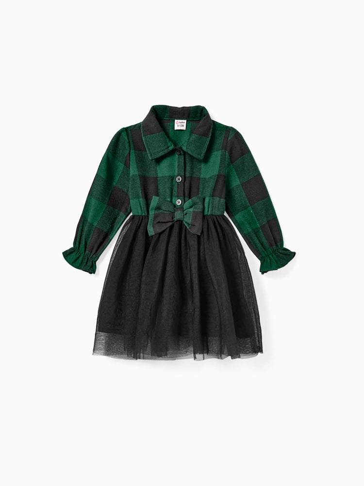 Ensembles familiaux assortis : chemise à manches longues à carreaux verts ou robe en tulle vert foncé