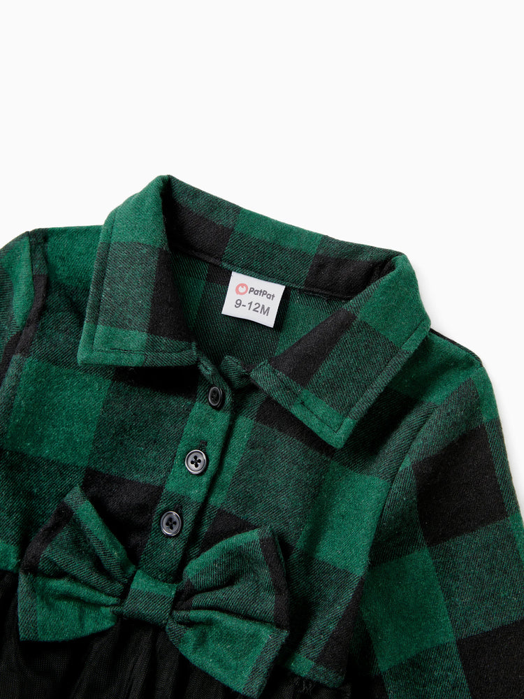 Ensembles familiaux assortis : chemise à manches longues à carreaux verts ou robe en tulle vert foncé