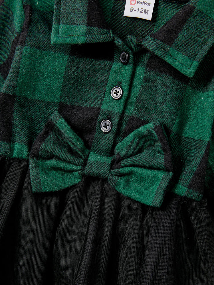 Ensembles familiaux assortis : chemise à manches longues à carreaux verts ou robe en tulle vert foncé