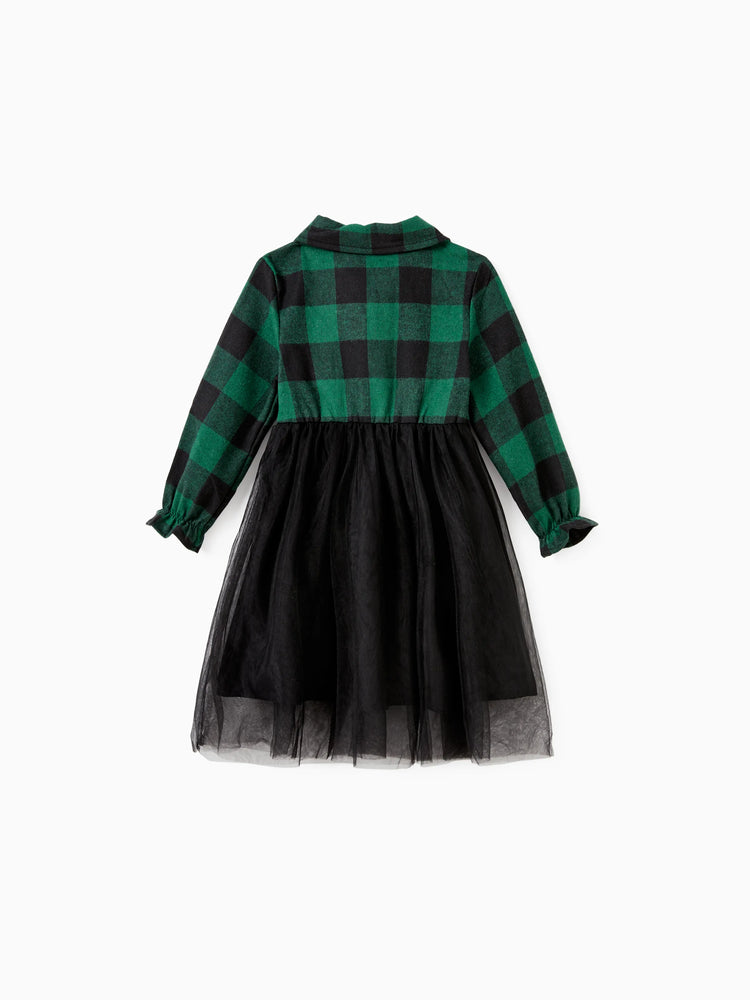 Ensembles familiaux assortis : chemise à manches longues à carreaux verts ou robe en tulle vert foncé