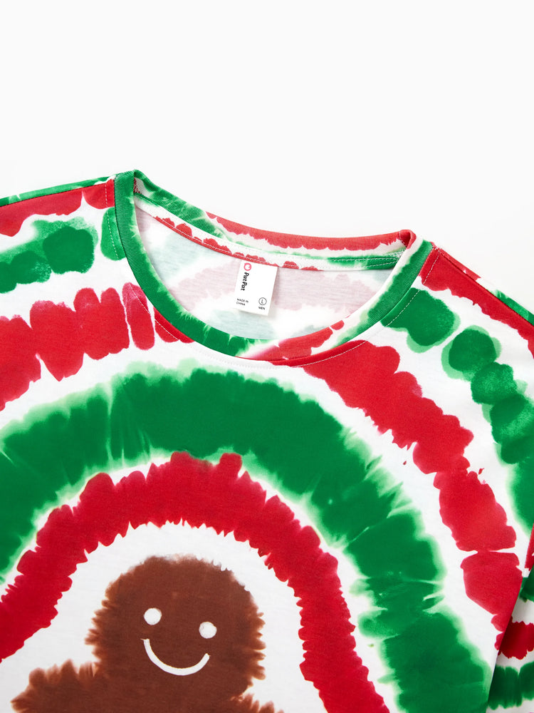 Ensemble pyjama de Noël familial rouge et vert motif bonhomme en pain d'épices tie-dye avec chaussettes de Noël multicolores