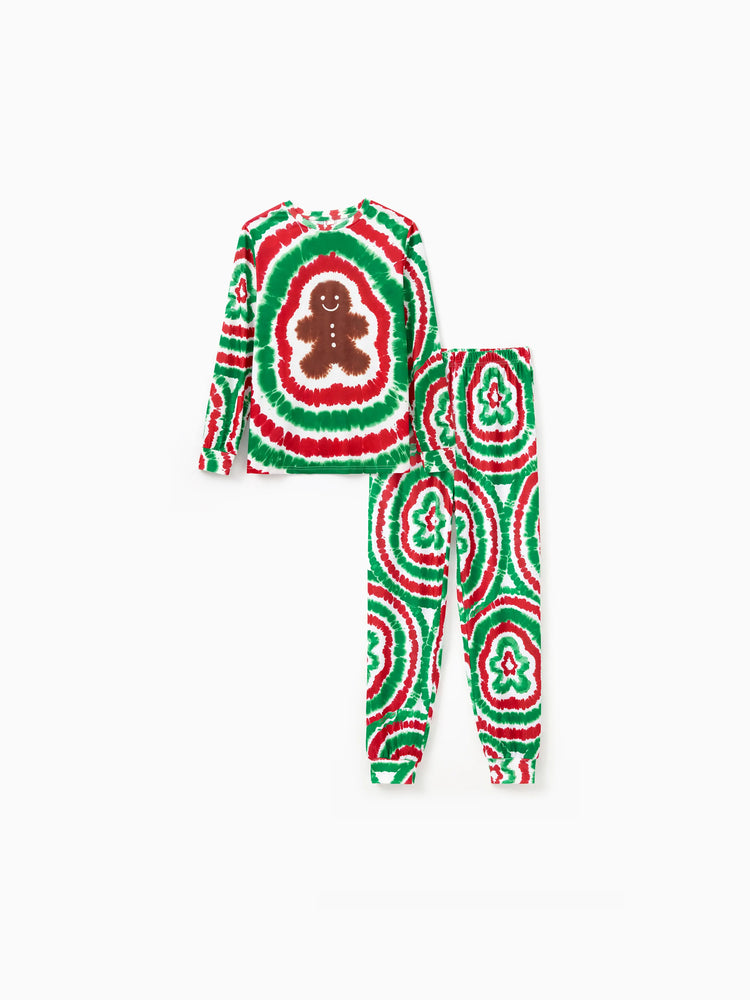 Ensemble pyjama de Noël familial rouge et vert motif bonhomme en pain d'épices tie-dye avec chaussettes de Noël multicolores