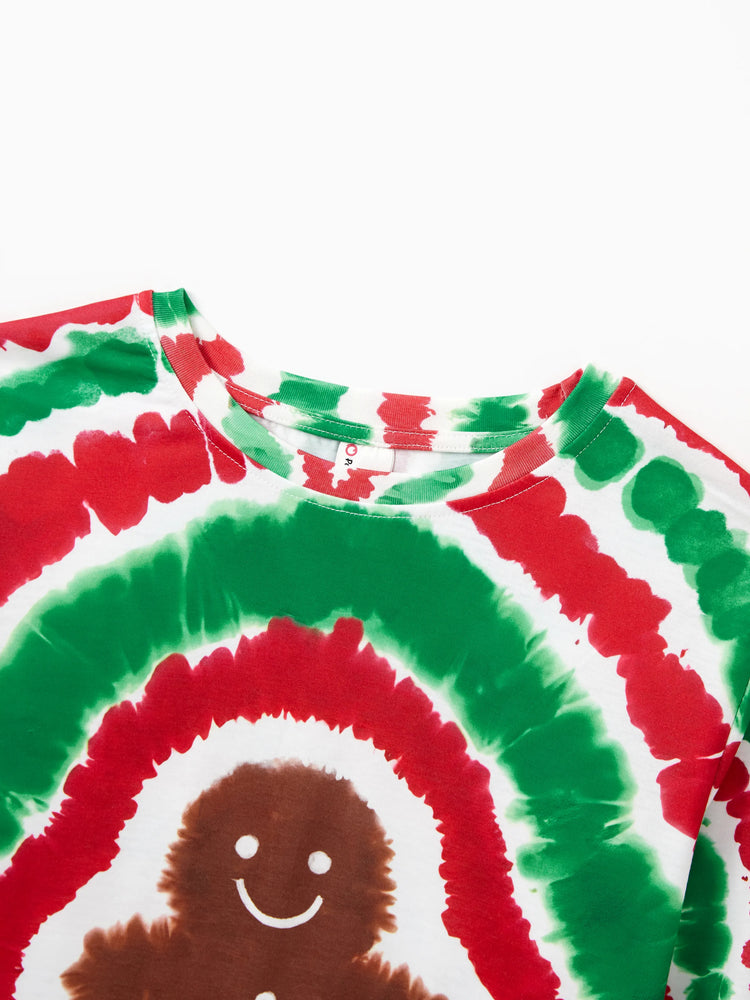 Ensemble pyjama de Noël familial rouge et vert motif bonhomme en pain d'épices tie-dye avec chaussettes de Noël multicolores