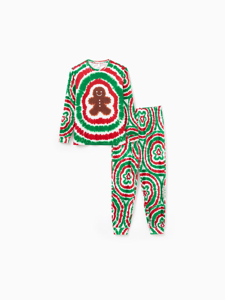 Ensemble pyjama de Noël familial rouge et vert motif bonhomme en pain d'épices tie-dye avec chaussettes de Noël multicolores