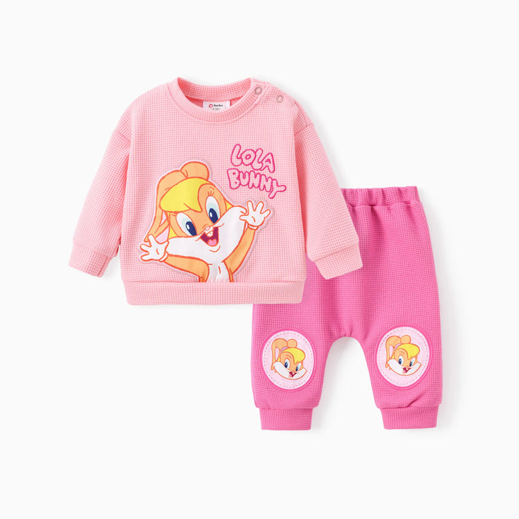 Ensemble 2 pièces haut à manches longues et pantalon en tricot brodé pour bébé fille, motif Looney Tunes, rose