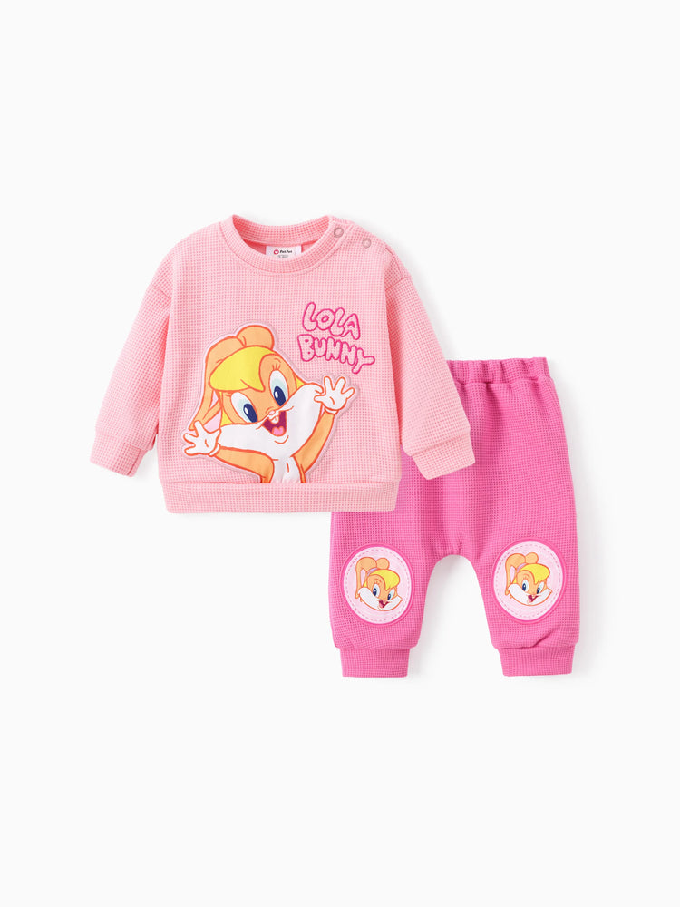 Ensemble 2 pièces haut à manches longues et pantalon en tricot brodé pour bébé fille, motif Looney Tunes, rose