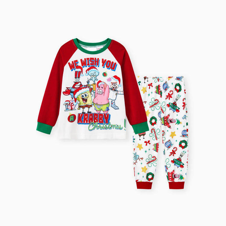 SpongeBob Schwammkopf Familie passendes Weihnachtsdruck Colorblock Pyjama Set (schwer entflammbar) rot-Weiss