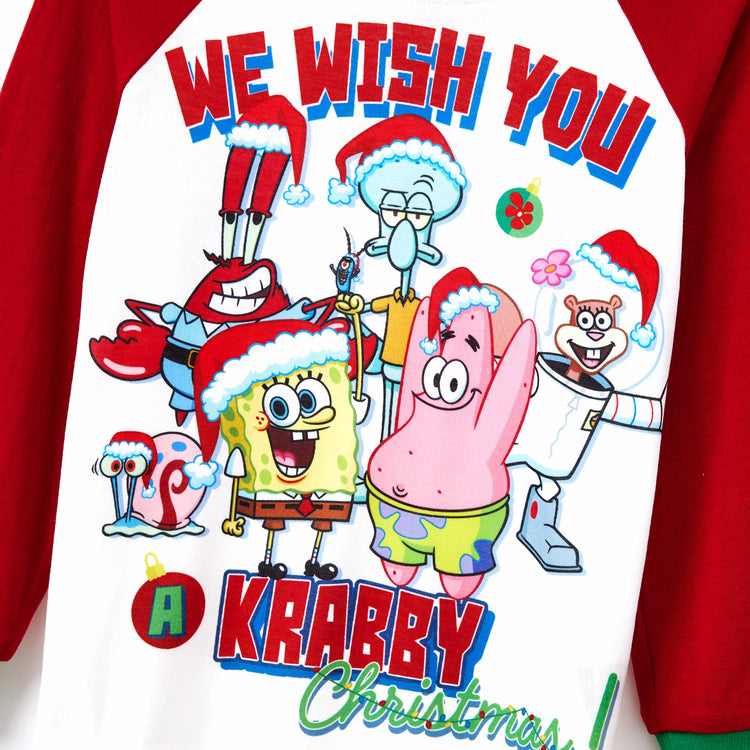 SpongeBob Schwammkopf Familie passendes Weihnachtsdruck Colorblock Pyjama Set (schwer entflammbar) rot-Weiss