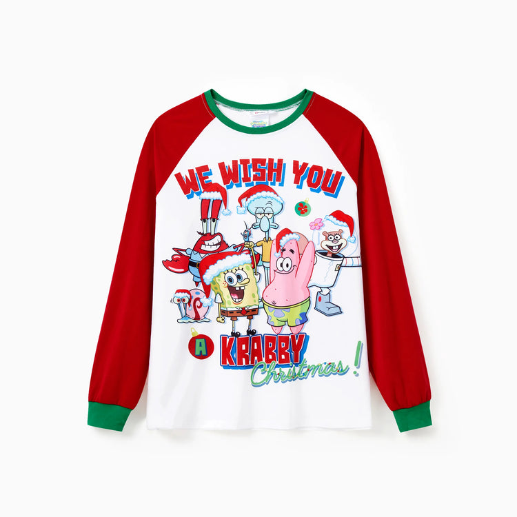 SpongeBob Schwammkopf Familie passendes Weihnachtsdruck Colorblock Pyjama Set (schwer entflammbar) rot-Weiss