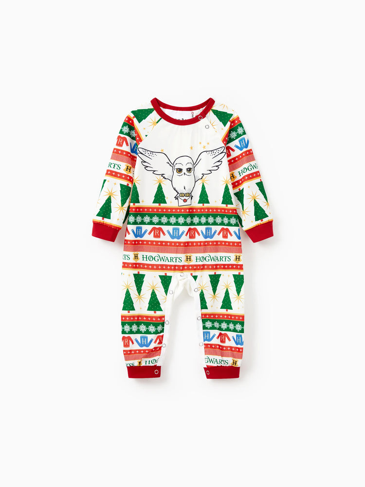 Harry Potter Christmas Matching Family Pajamas Set Christmas Tree Owl Pattern Long-sleeve PJS with Christmas Socks Red