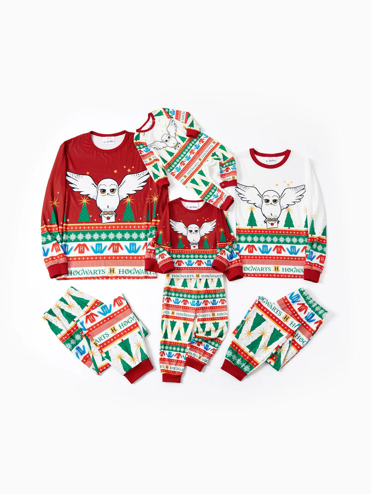 Harry Potter Christmas Matching Family Pajamas Set Christmas Tree Owl Pattern Long-sleeve PJS with Christmas Socks Red