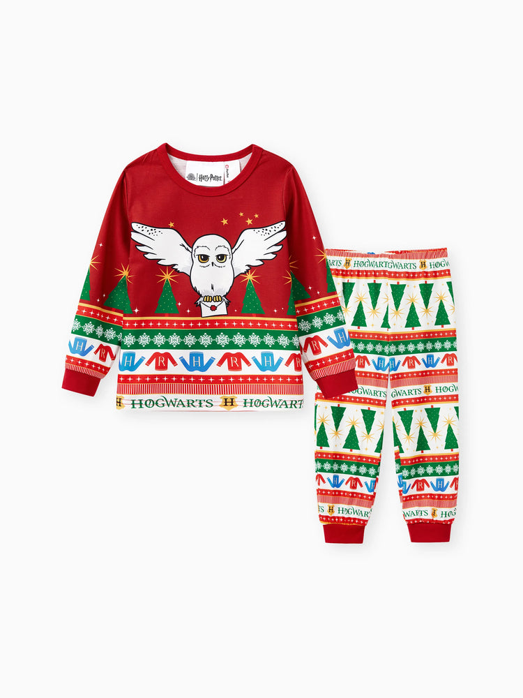 Harry Potter Christmas Matching Family Pajamas Set Christmas Tree Owl Pattern Long-sleeve PJS with Christmas Socks Red