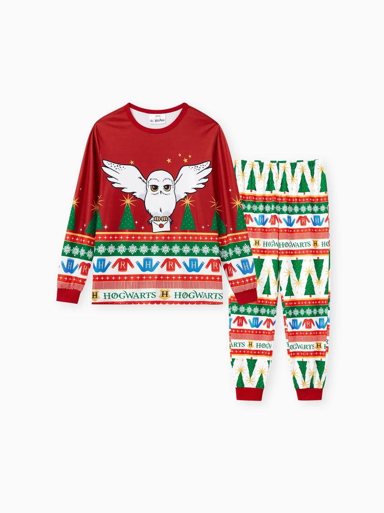Harry Potter Christmas Matching Family Pajamas Set Christmas Tree Owl Pattern Long-sleeve PJS with Christmas Socks Red