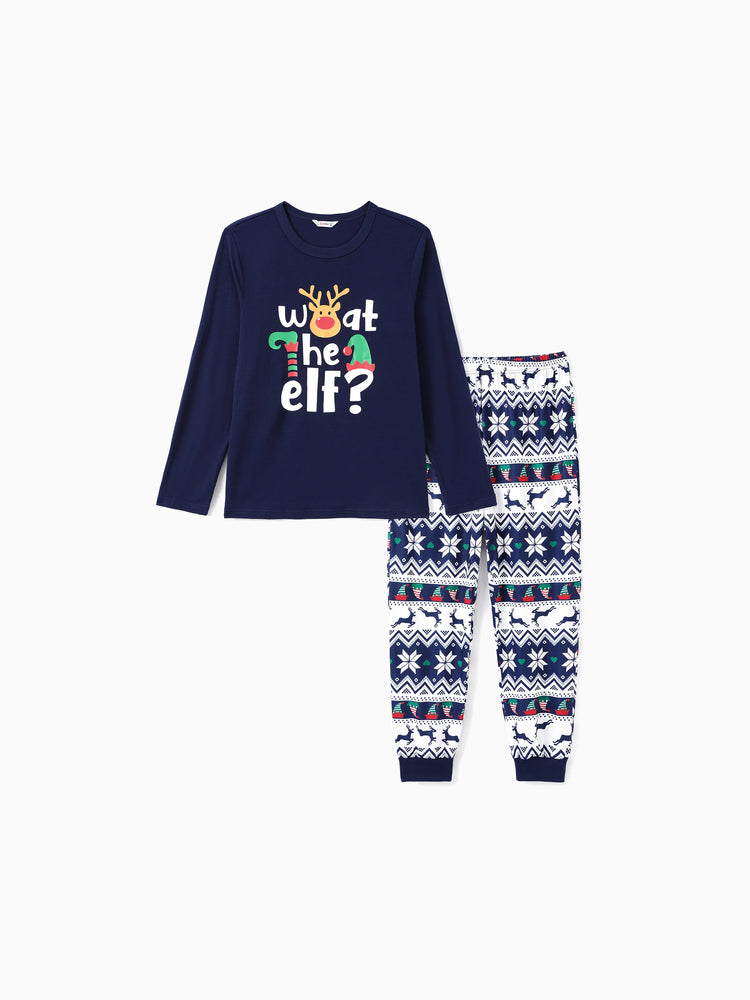 Christmas Family Matching Dark Blue Graphic Long-sleeve Pajamas Sets (Flame Resistant) blueblack