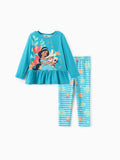 Disney Princess Toddler Girl 2pcs Naia? Jasmine Ruffle-hem Long-sleeve Top And Floral/Shell Stripe Pattern Leggings Set Green