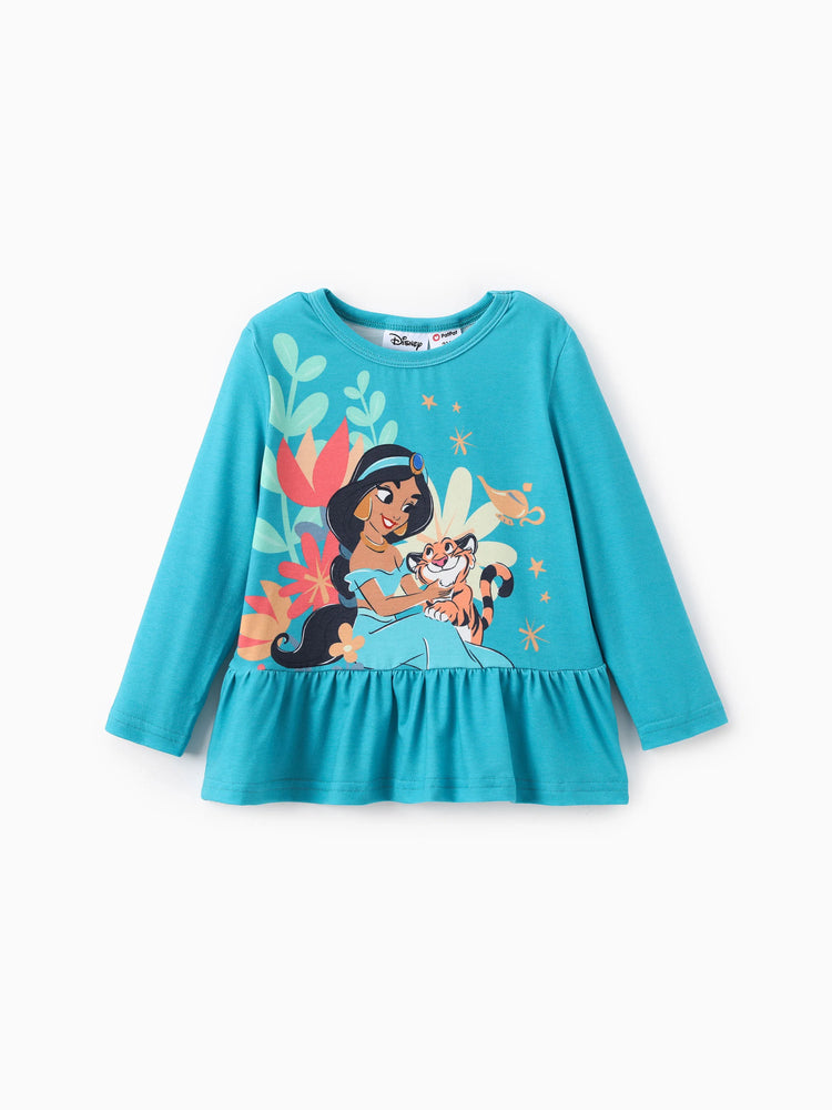Disney Princess Toddler Girl 2pcs Naia? Jasmine Ruffle-hem Long-sleeve Top And Floral/Shell Stripe Pattern Leggings Set Green