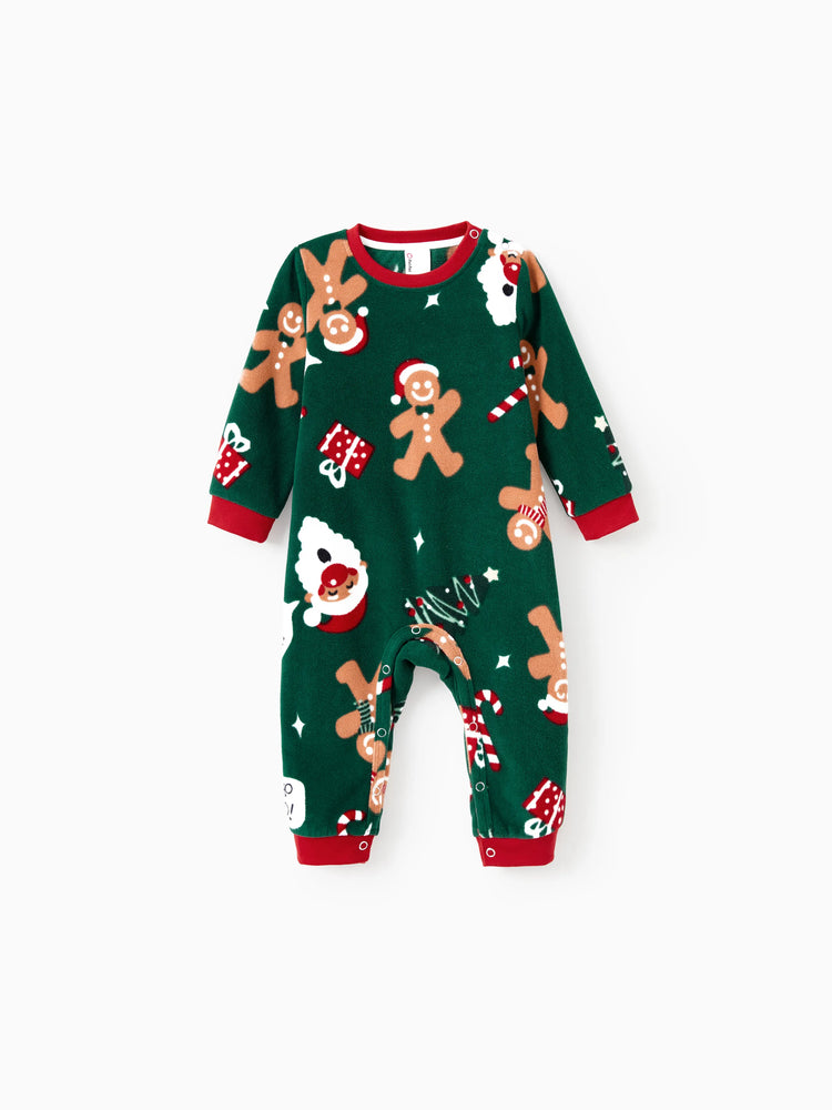 Pyjama de Noël familial assorti en polaire à manches longues et chaussettes de Noël, motif bonhomme en pain d'épices, vert foncé