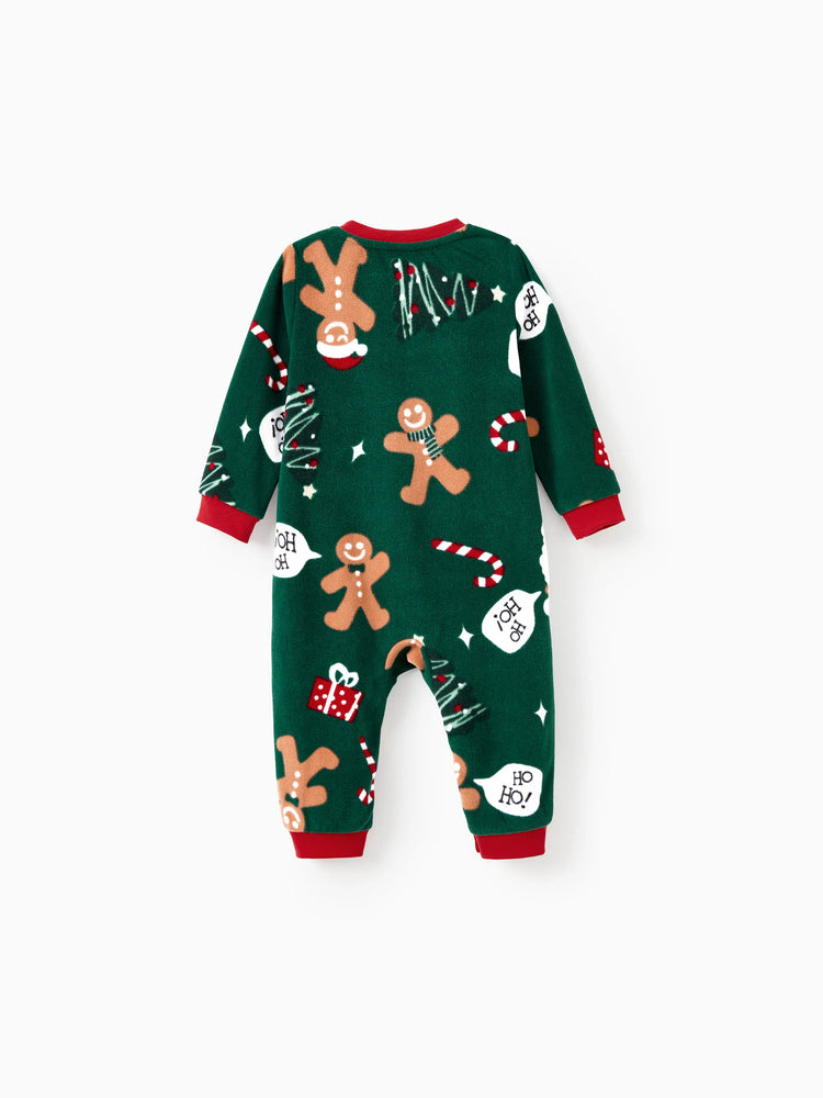 Pyjama de Noël familial assorti en polaire à manches longues et chaussettes de Noël, motif bonhomme en pain d'épices, vert foncé