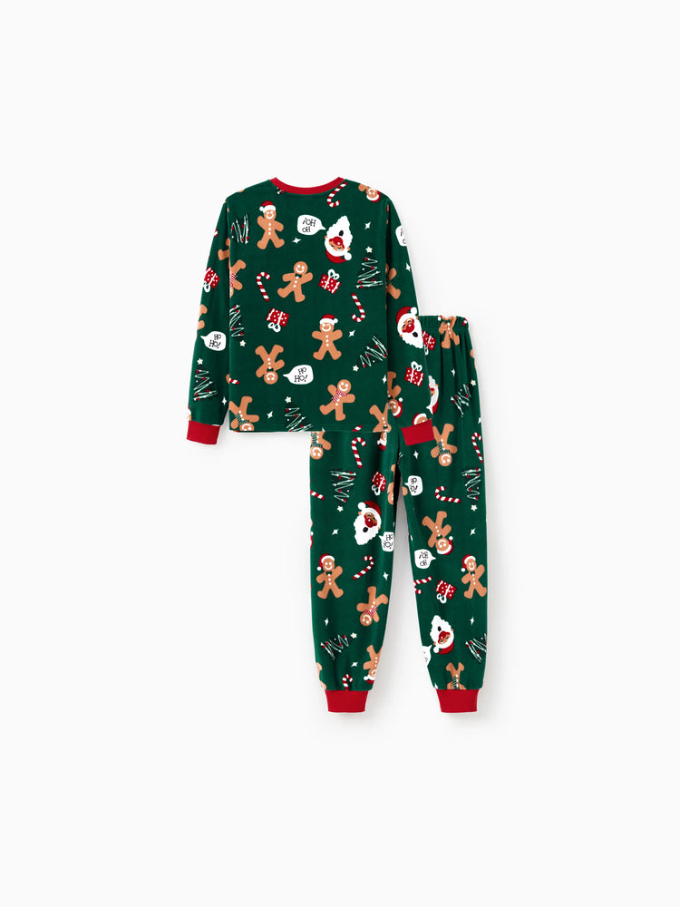 Pyjama de Noël familial assorti en polaire à manches longues et chaussettes de Noël, motif bonhomme en pain d'épices, vert foncé