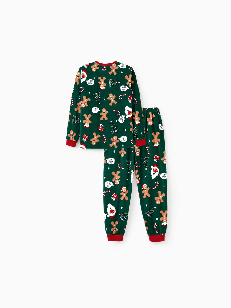 Pyjama de Noël familial assorti en polaire à manches longues et chaussettes de Noël, motif bonhomme en pain d'épices, vert foncé
