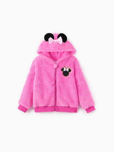 Disney Mickey and Friends Toddler Girl 1pc Minnie Plush Bowknot 3D Ears Hooded Long-sleeve Coat Rose pink