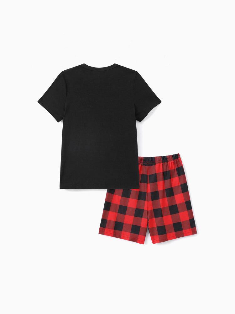 Christmas Hat and Letter Print Black Family Matching Short-sleeve Plaid Pajamas Sets Black