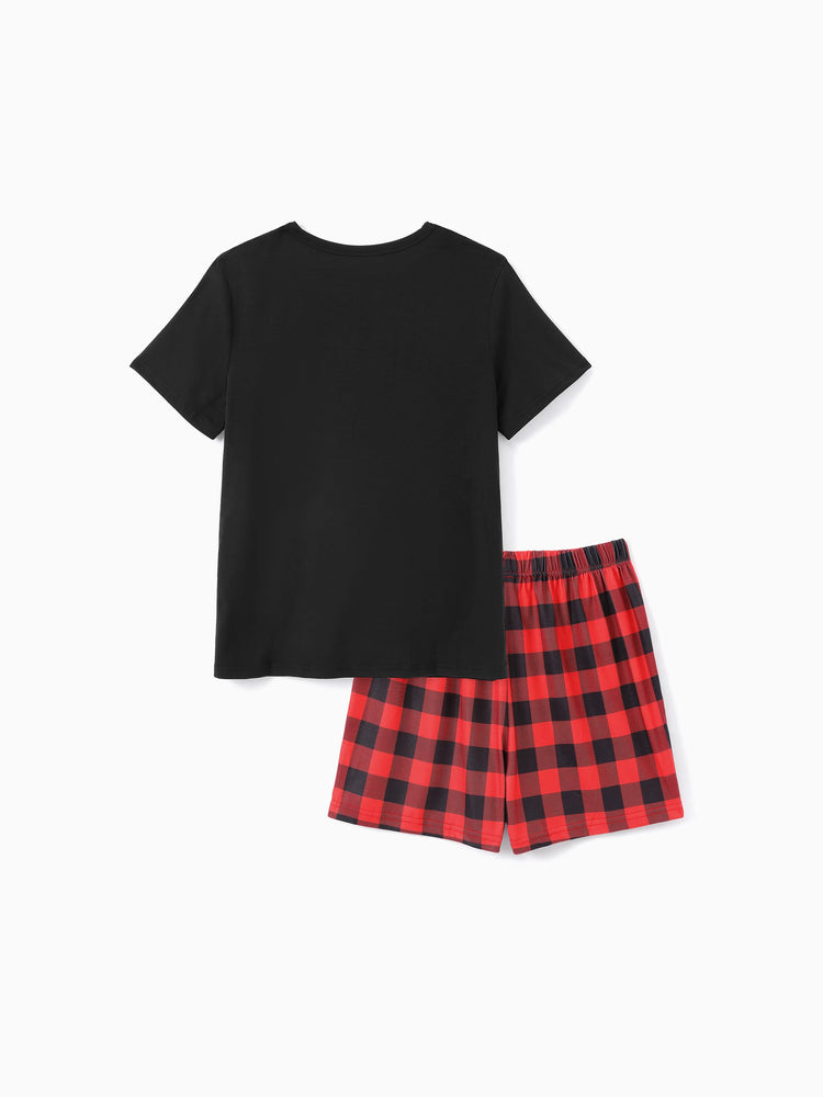 Christmas Hat and Letter Print Black Family Matching Short-sleeve Plaid Pajamas Sets Black