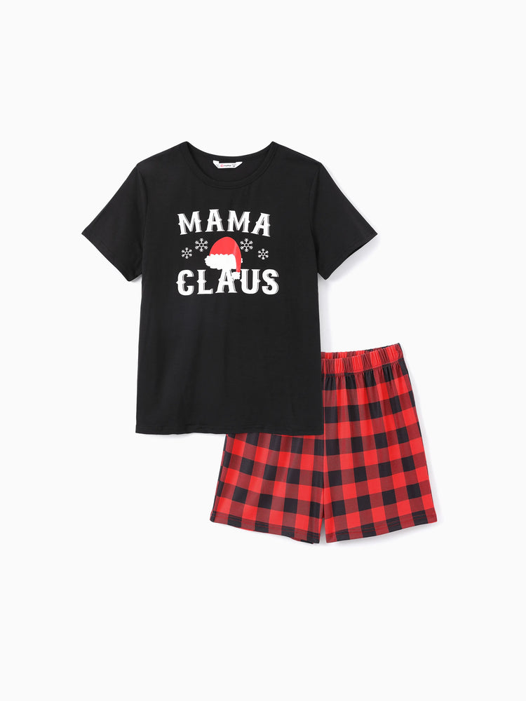Christmas Hat and Letter Print Black Family Matching Short-sleeve Plaid Pajamas Sets Black