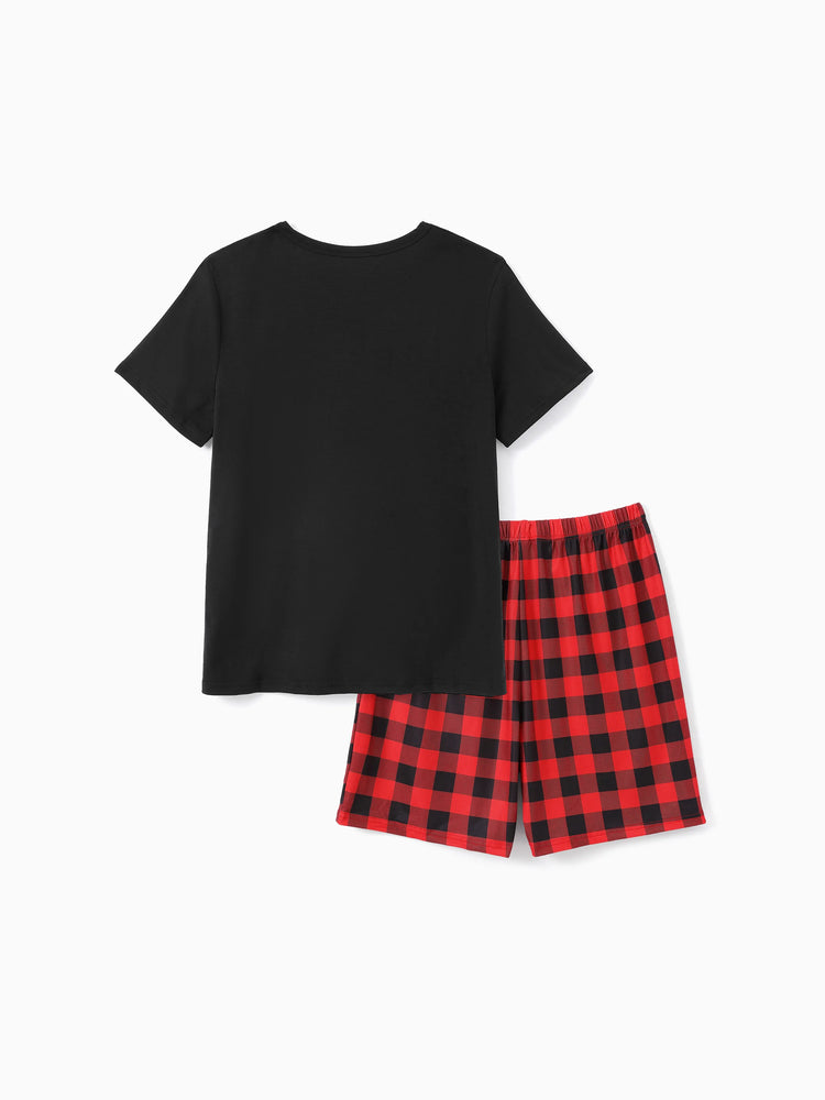 Christmas Hat and Letter Print Black Family Matching Short-sleeve Plaid Pajamas Sets Black
