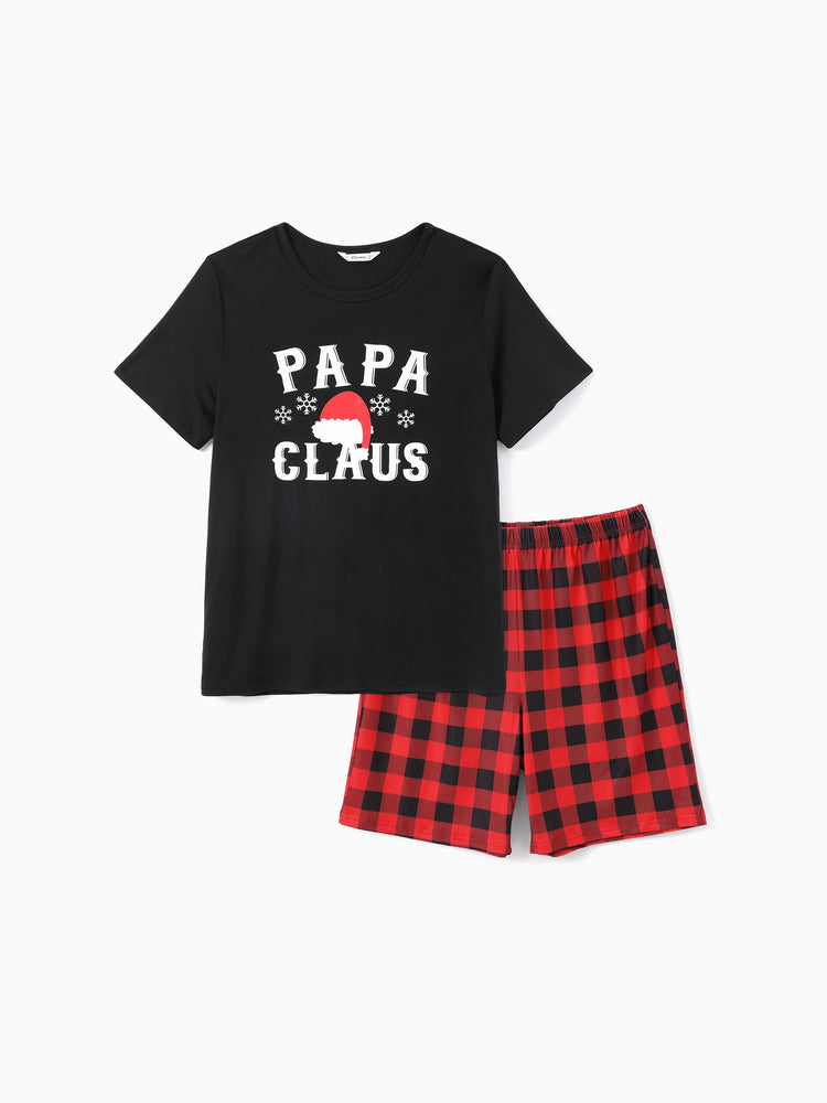 Christmas Hat and Letter Print Black Family Matching Short-sleeve Plaid Pajamas Sets Black