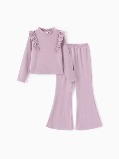 Ensemble 2 pièces pour fille, t-shirt à col roulé à volants et pantalon évasé, violet