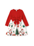 Toddler Girl Christmas Graphic Bowknot Design Splice Long-sleeve Dress RED/WHITE