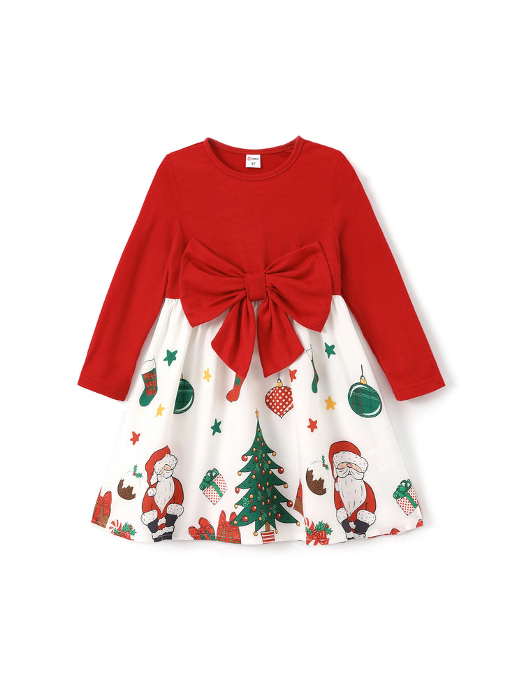 Toddler Girl Christmas Graphic Bowknot Design Splice Long-sleeve Dress RED/WHITE