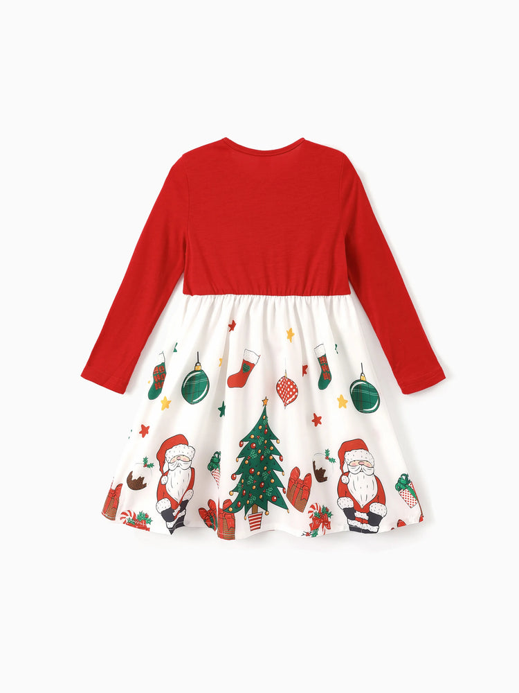 Toddler Girl Christmas Graphic Bowknot Design Splice Long-sleeve Dress RED/WHITE