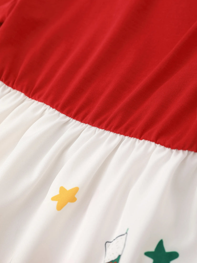 Toddler Girl Christmas Graphic Bowknot Design Splice Long-sleeve Dress RED/WHITE