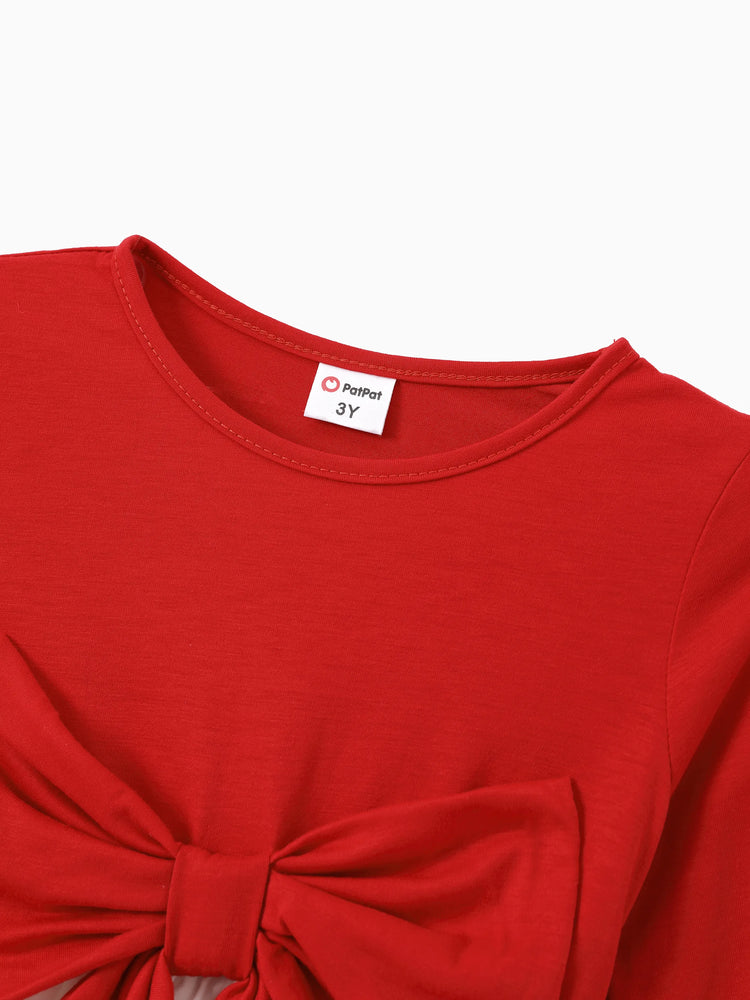 Toddler Girl Christmas Graphic Bowknot Design Splice Long-sleeve Dress RED/WHITE