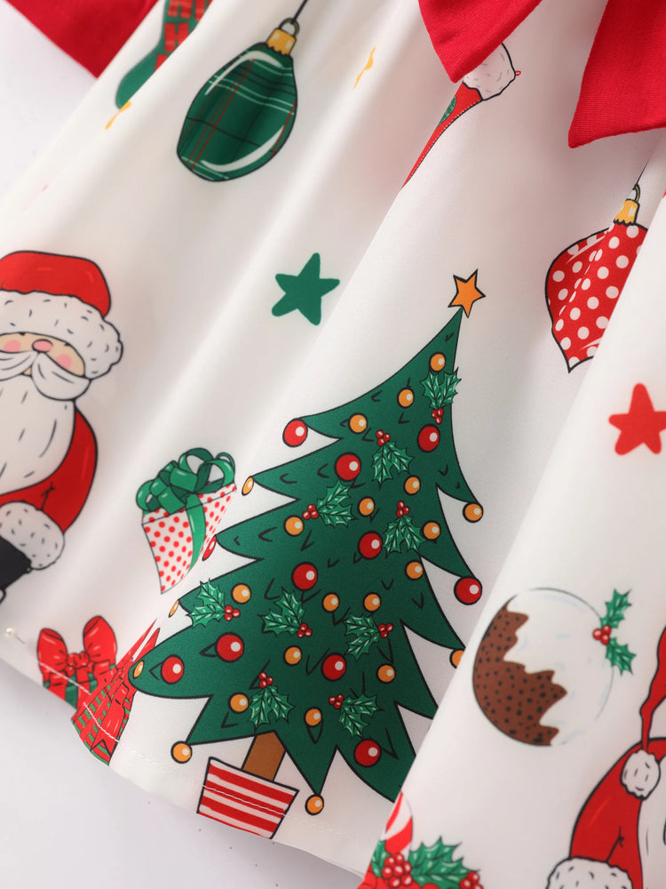 Toddler Girl Christmas Graphic Bowknot Design Splice Long-sleeve Dress RED/WHITE
