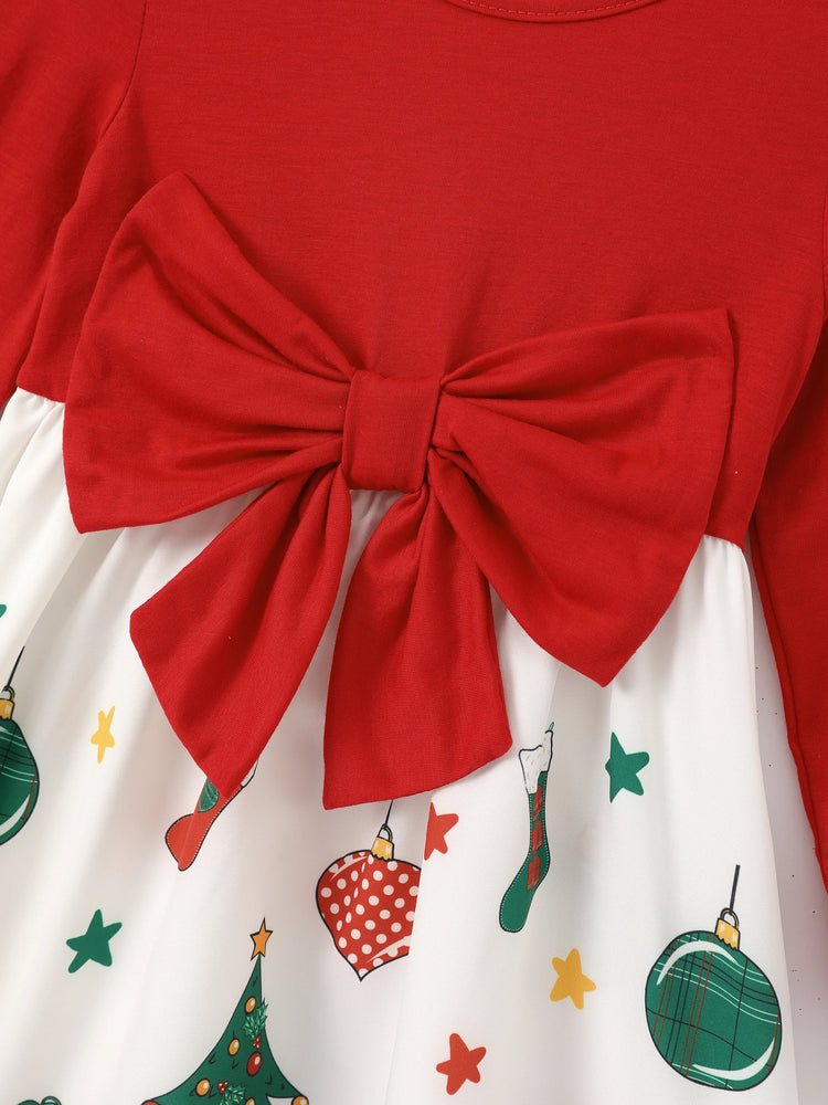 Toddler Girl Christmas Graphic Bowknot Design Splice Long-sleeve Dress RED/WHITE