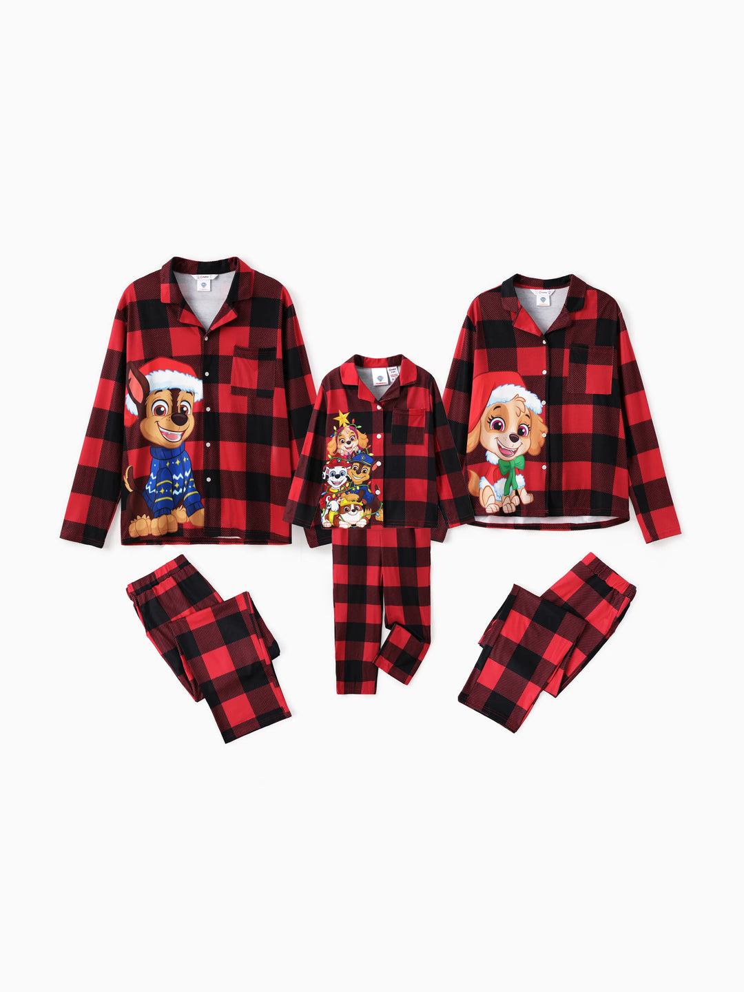 PAW Patrol Weihnachtsfamilie passende Karo-Rot mit Chase, Marshall, Skye, Rubble Druck Schlafanzugsets mit Weihnachtssocken