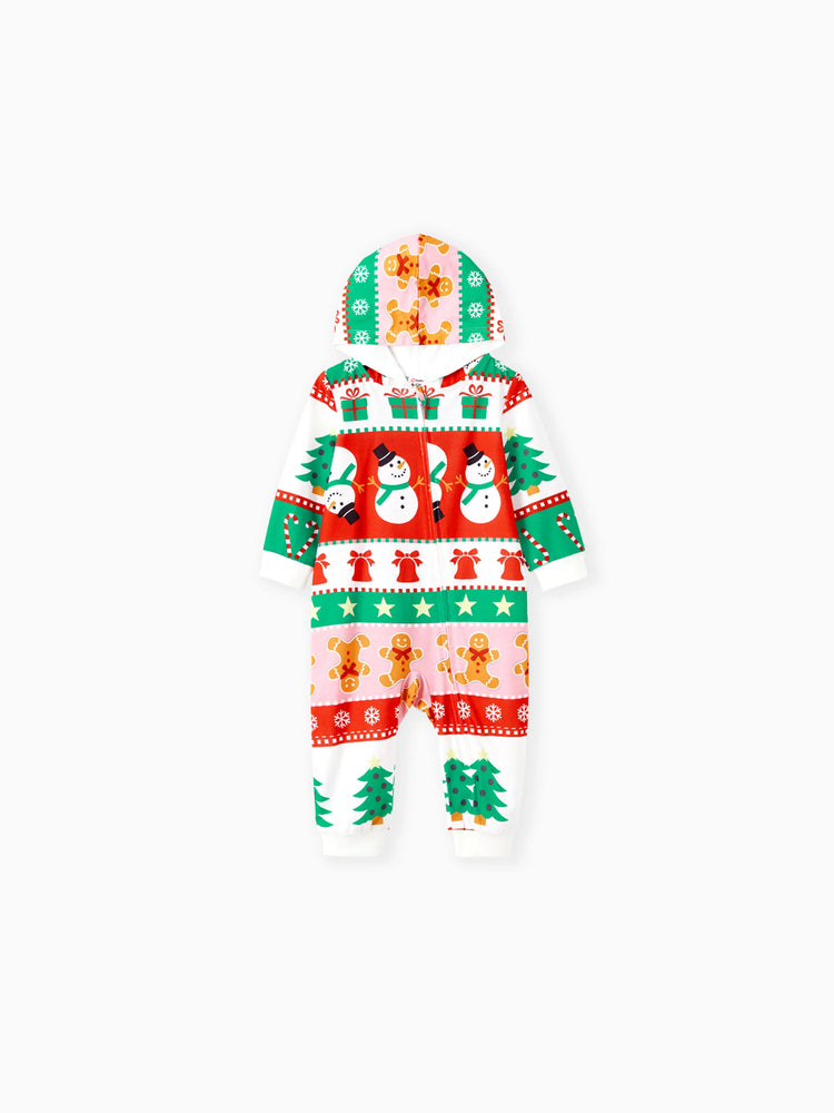 Onesies Pajamas Matching Christmas Outfits Allover Pattern Zipper Front Holly Jolly Print with Christmas Socks Back MultiColour
