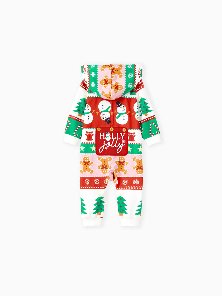 Onesies Pajamas Matching Christmas Outfits Allover Pattern Zipper Front Holly Jolly Print with Christmas Socks Back MultiColour