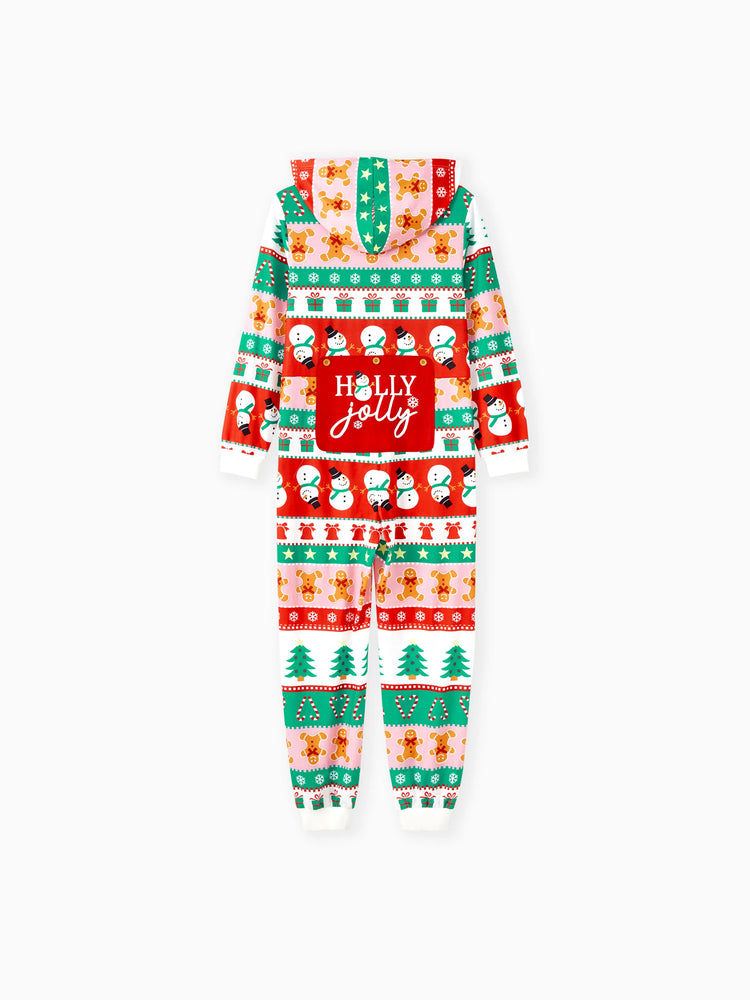 Onesies Pajamas Matching Christmas Outfits Allover Pattern Zipper Front Holly Jolly Print with Christmas Socks Back MultiColour