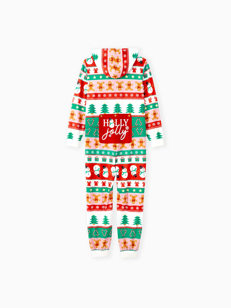 Onesies Pajamas Matching Christmas Outfits Allover Pattern Zipper Front Holly Jolly Print with Christmas Socks Back MultiColour