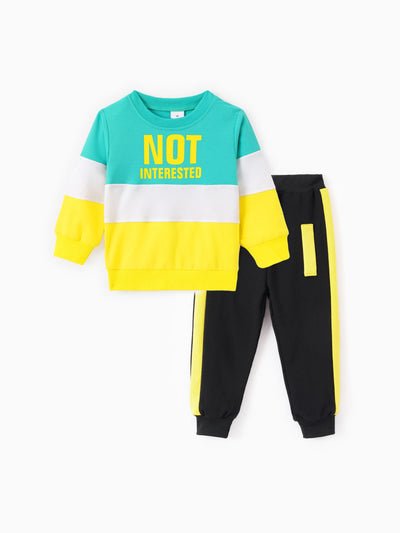 Ensemble 2 pièces pour tout-petit garçon, pull, sweat-shirt et pantalon en coton colorblock, imprimé lettres, jaune