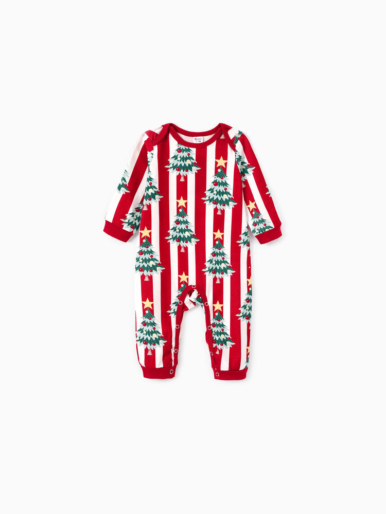 Christmas Family Matching Trees Print Stripes Long-sleeve Pajamas Sets with Christmas Socks Red